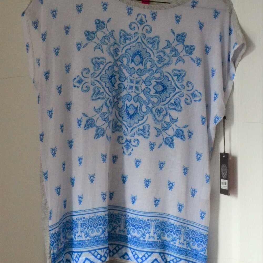 Vince Camuto blue and white sheer front top, size XS